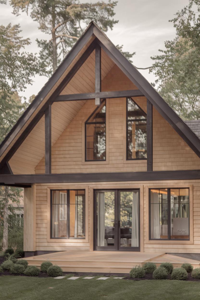 A-frame cottage with large windows nestled in trees