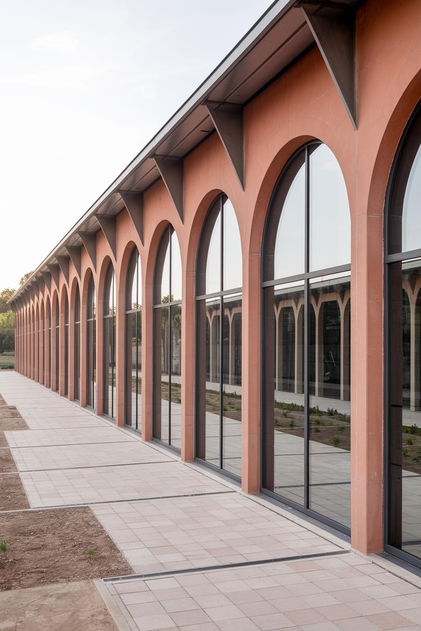 Long row of arched windows in terracotta façade