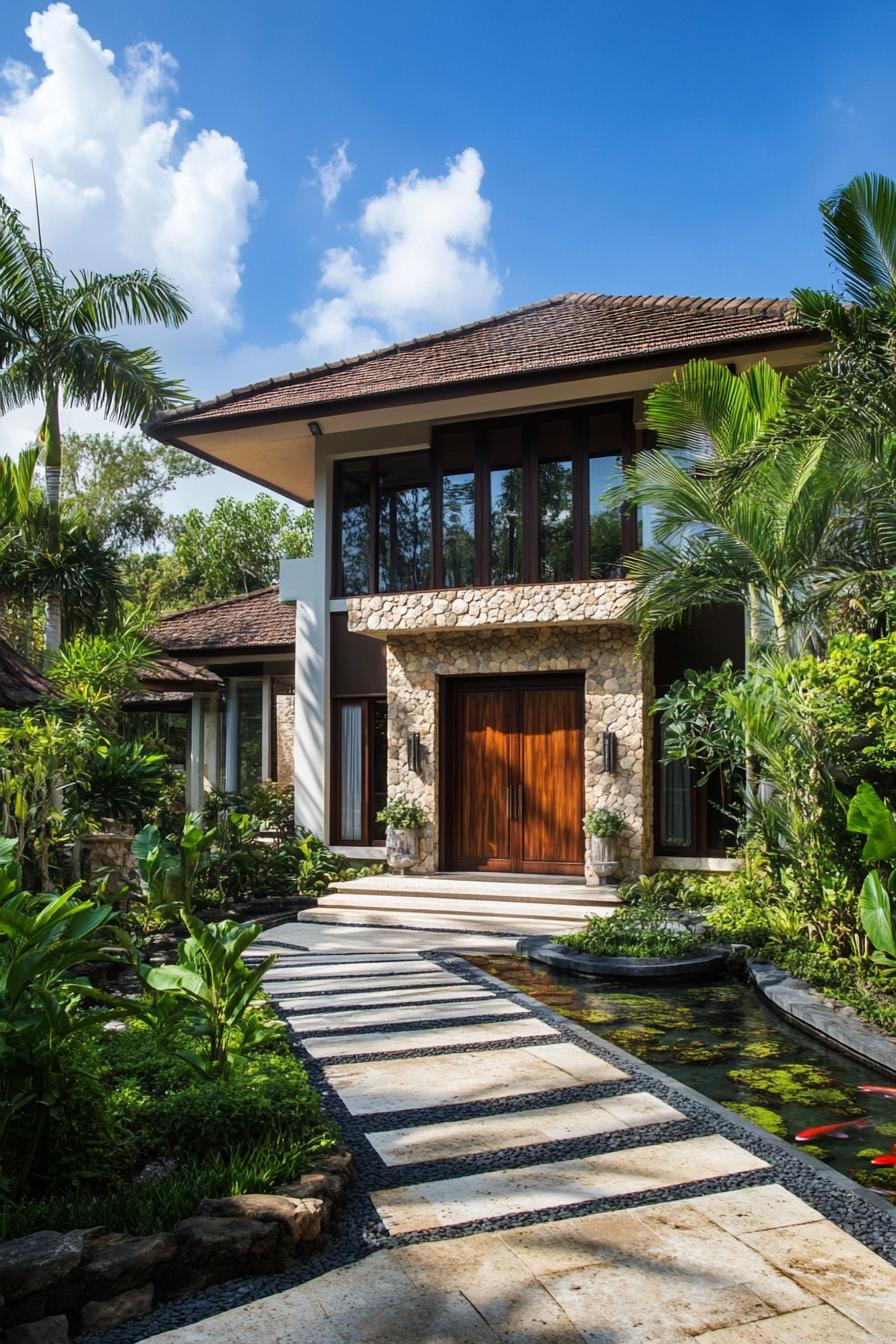 Two-story Bali villa surrounded by lush greenery and a stone pathway beside a koi pond