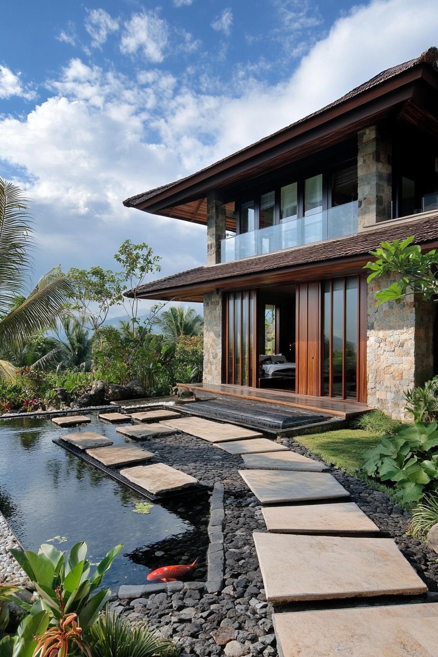 Chic Balinese villa with stone path and koi pond