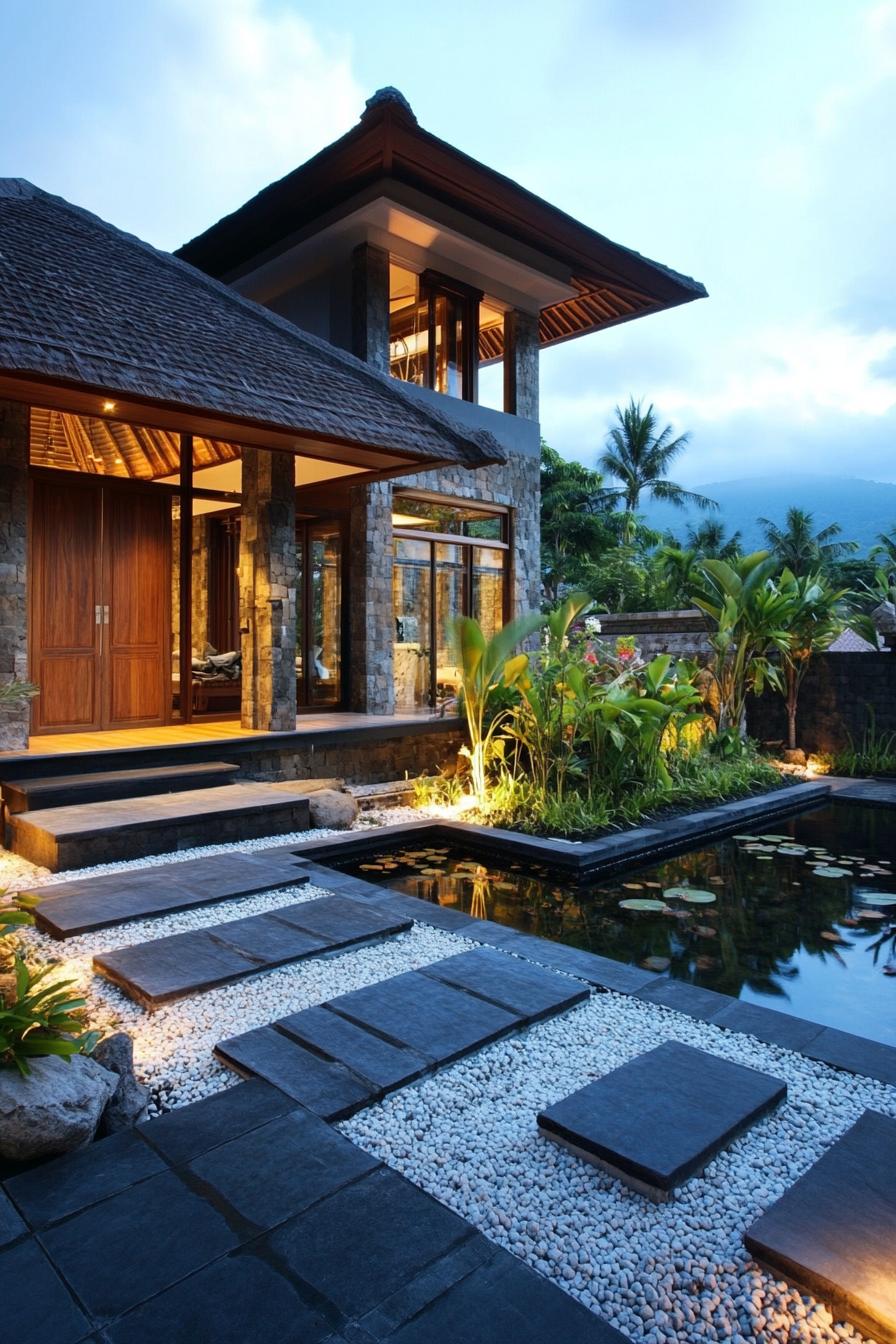 Modern Balinese house with a stone path and tranquil pond at dusk