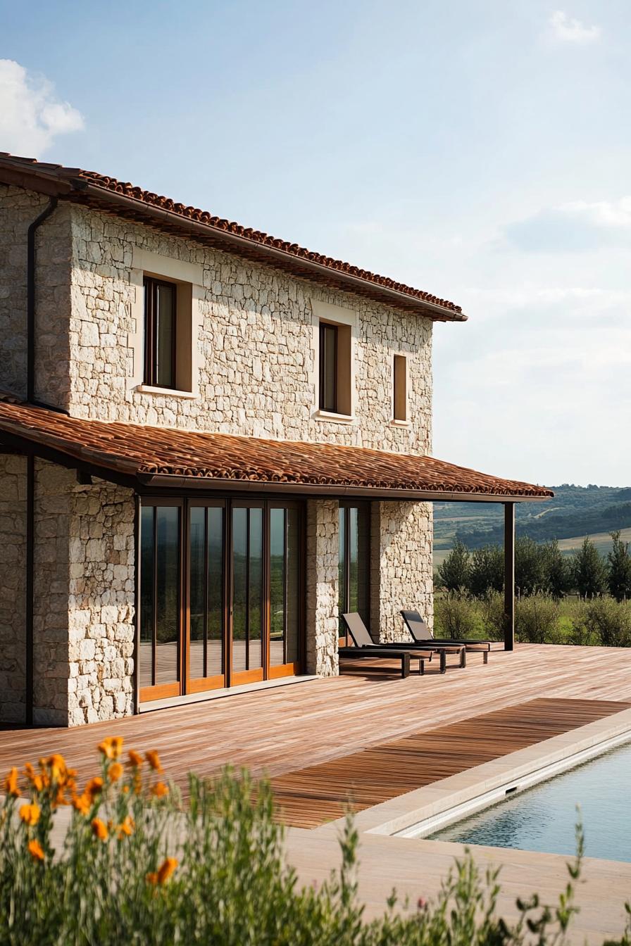 Traditional Italian stone house with large windows and wooden deck beside a pool