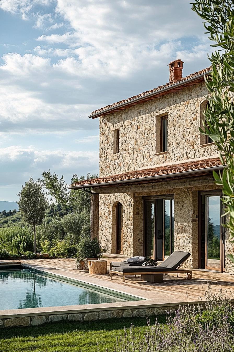 Stone farmhouse with a pool and lush greenery