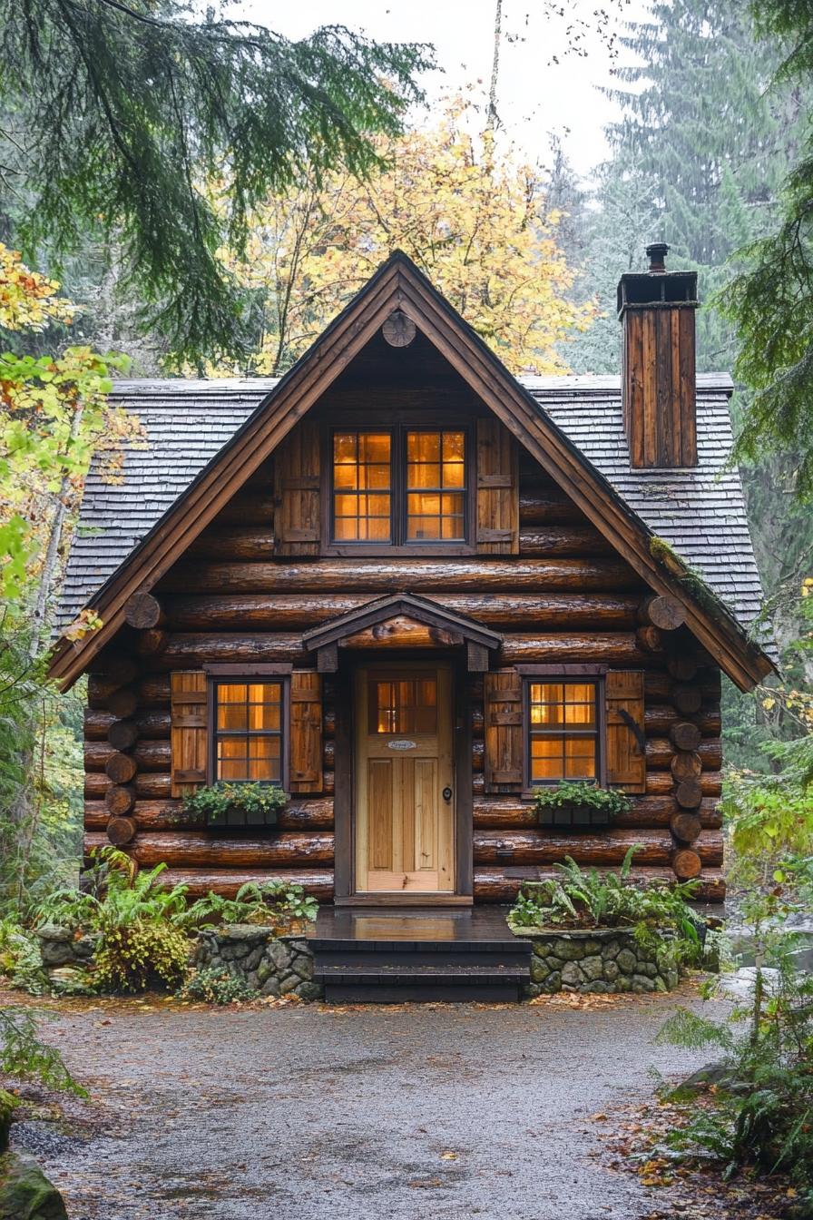 Charming log cabin with glowing windows nestled in the forest