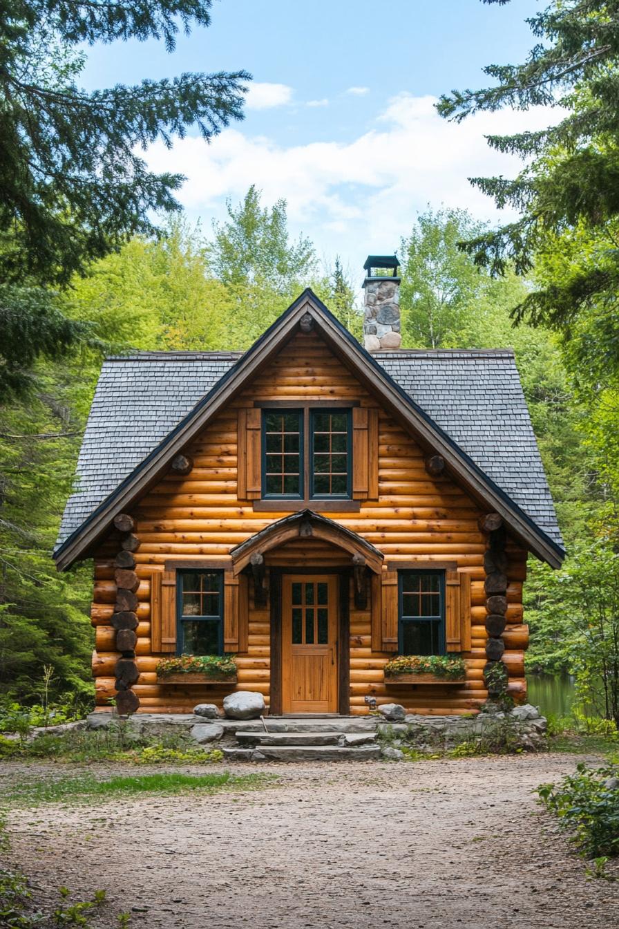 Charming wooden cabin amidst lush, green forest