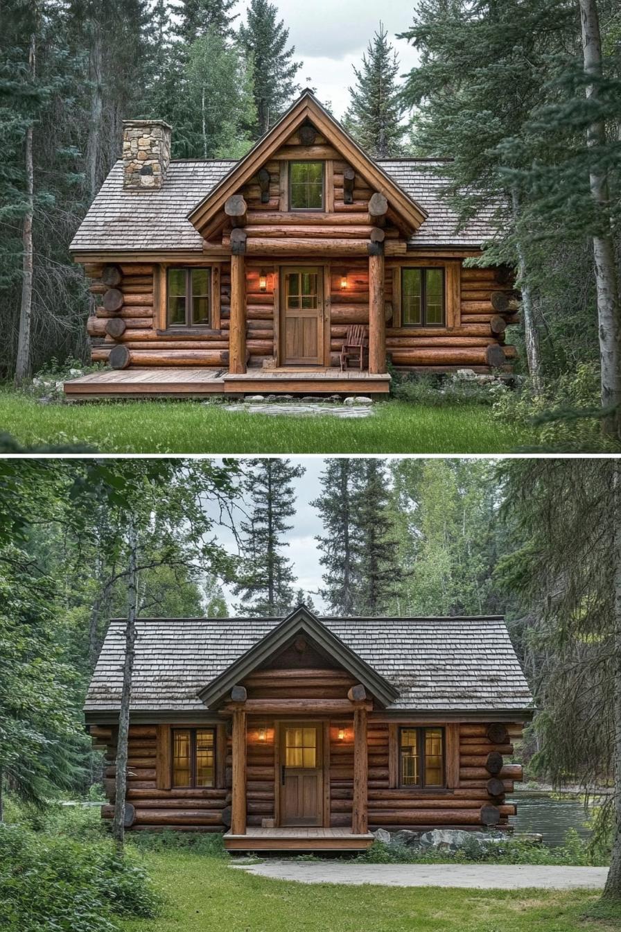 Cozy log cabin nestled in lush forest