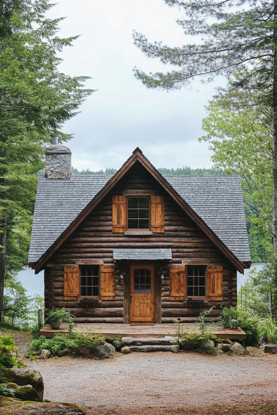 Log cabin nestled among lush trees by a lake