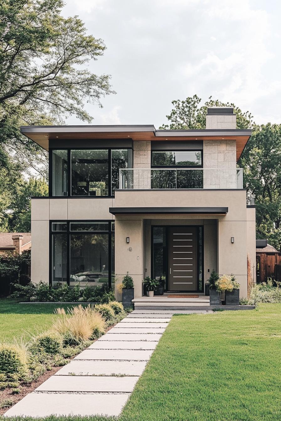 Modern suburban house with large windows and trimmed lawn