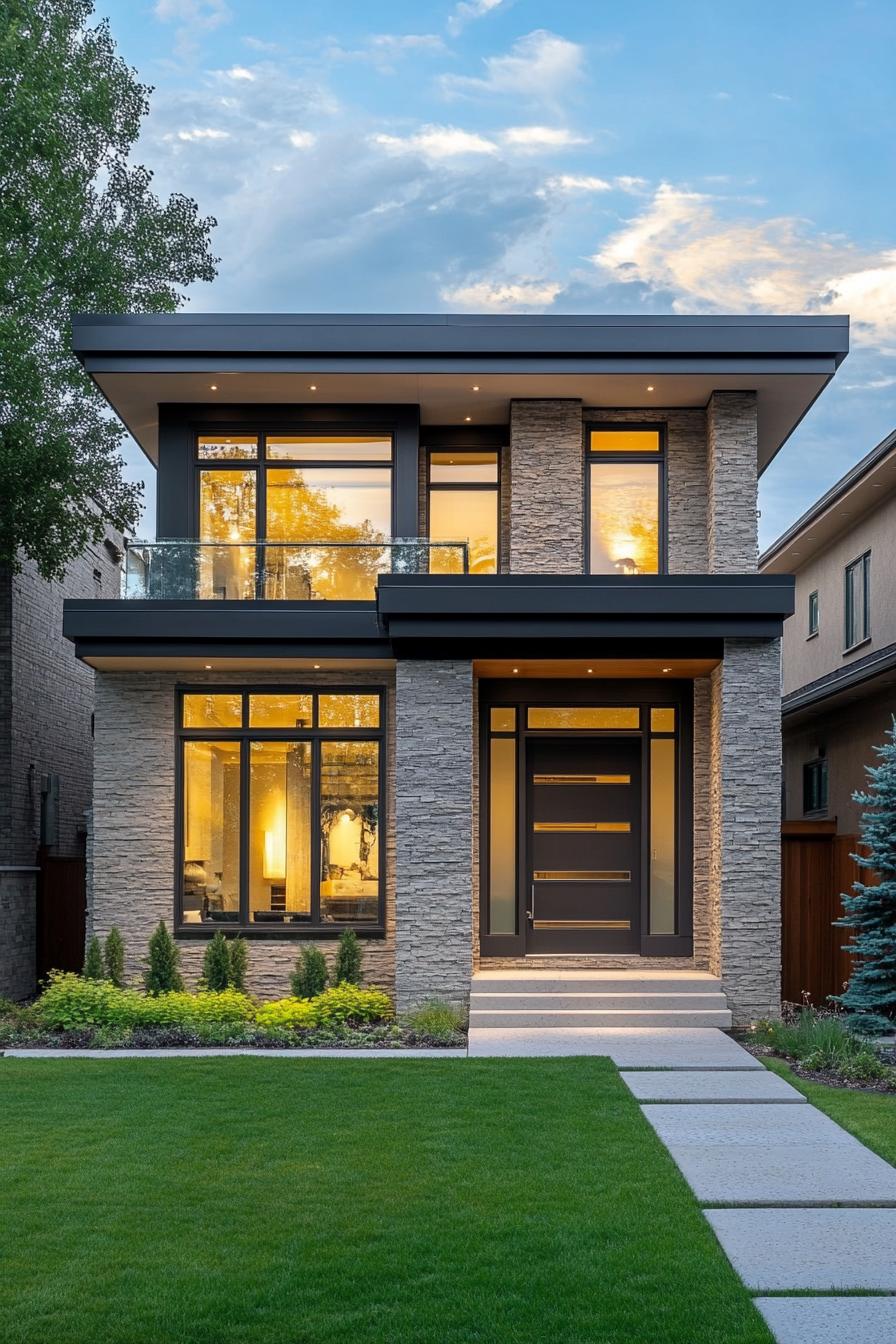 Modern suburban house with sleek stonework and large windows, nestled in a lush green yard