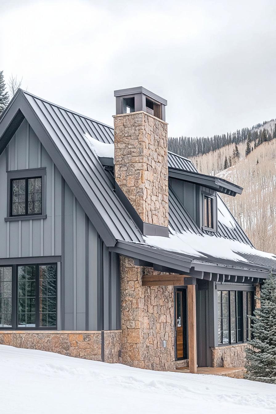 Charming stone house with snowy backdrop