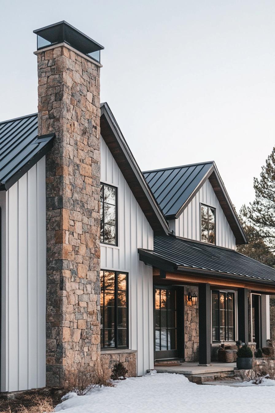 Rustic home with stone chimney and snowy yard