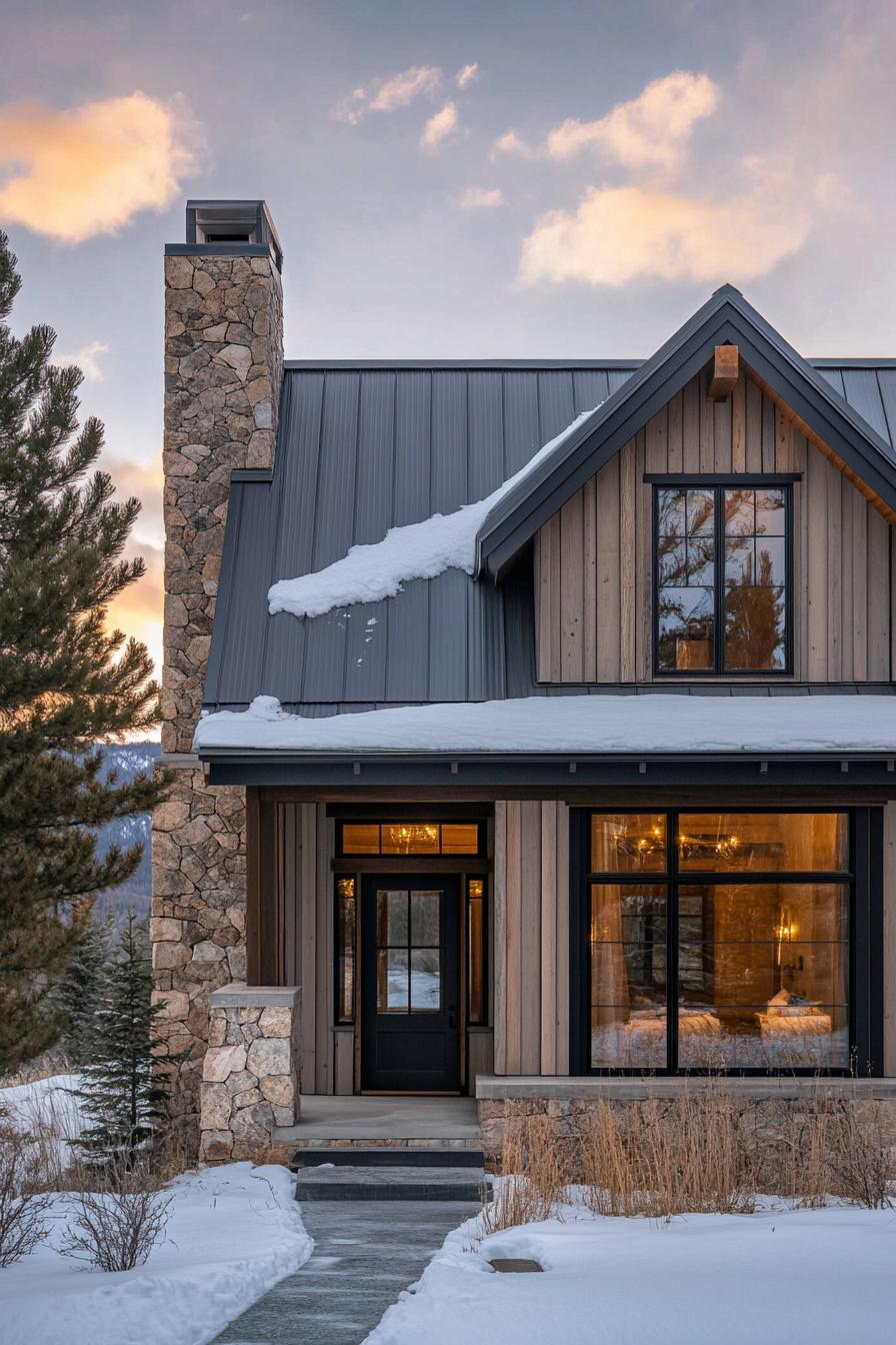 Charming mountain home with a stone chimney and snow-dusted roof