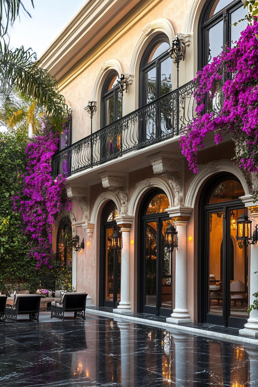 Exterior of an elegant house with a classic balcony and vivid floral accents