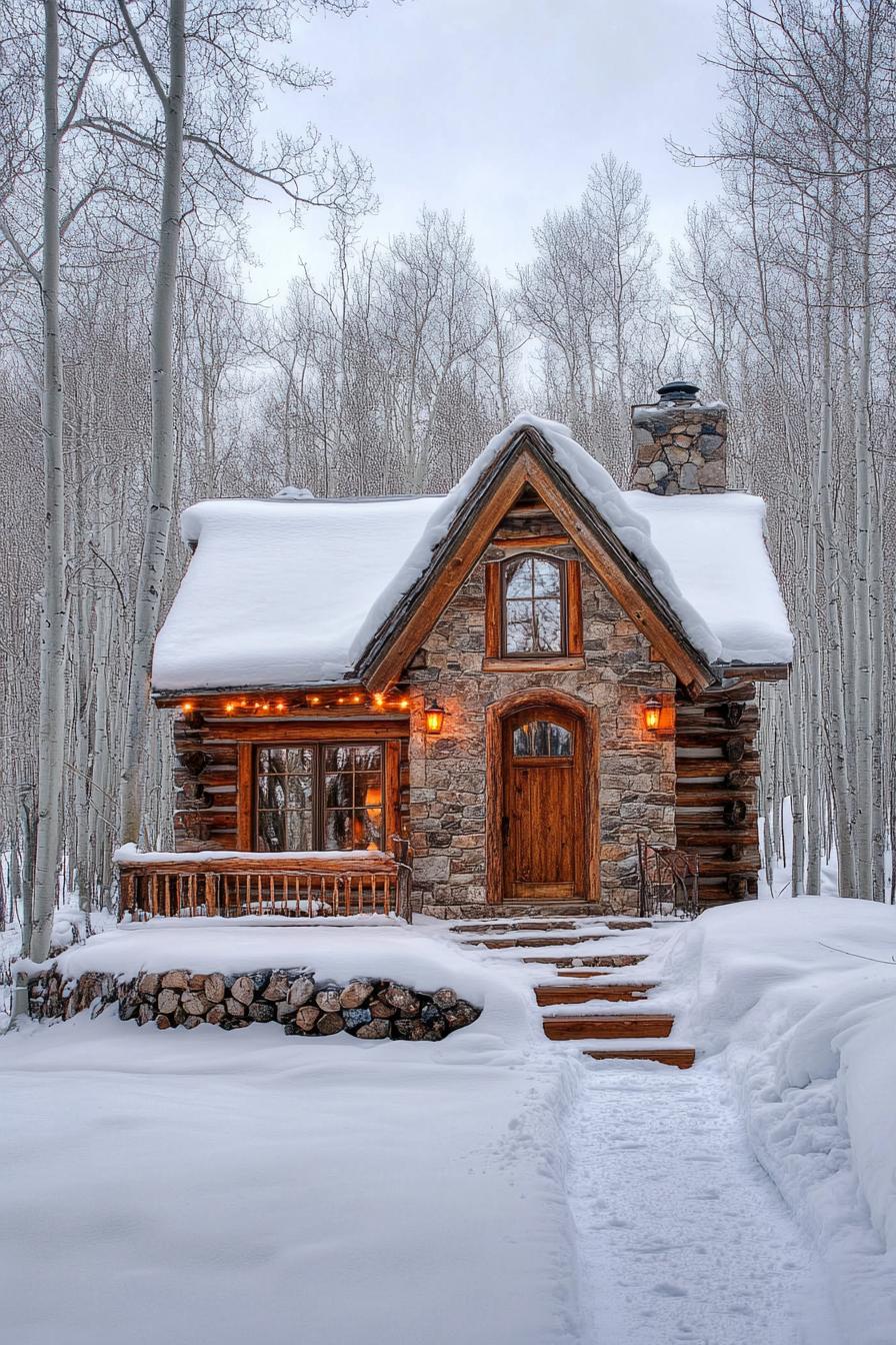 Charming stone and wood cabin with glowing lights surrounded by snow-covered trees