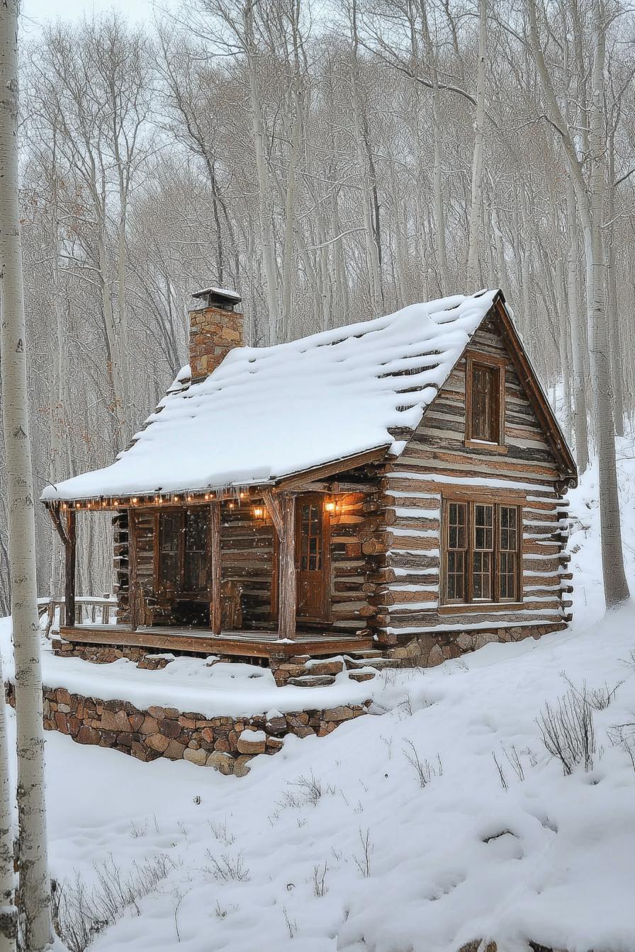 Quaint wooden cabin surrounded by snow and trees