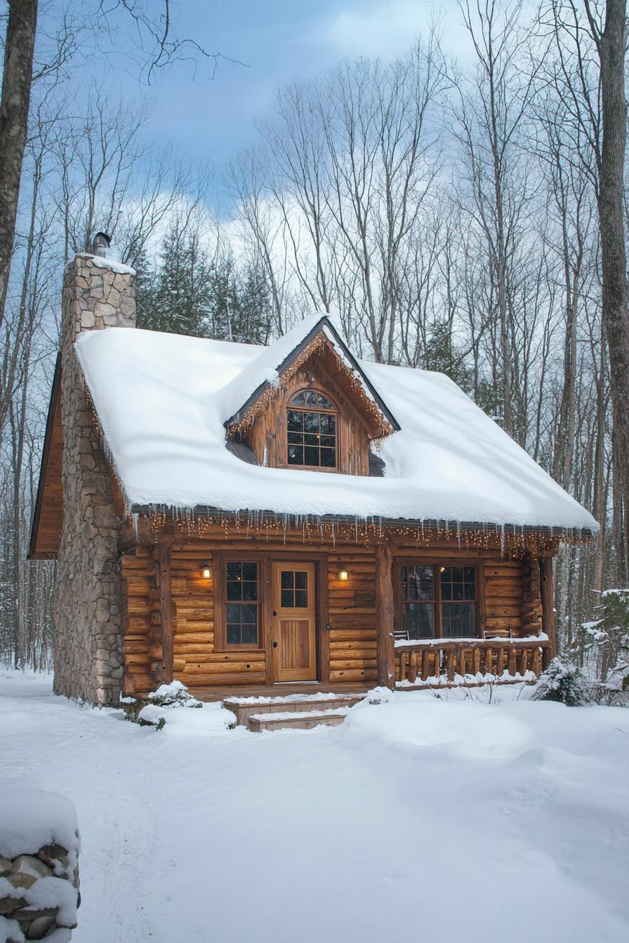 Small log cabin with snow-covered roof surrounded by tall trees