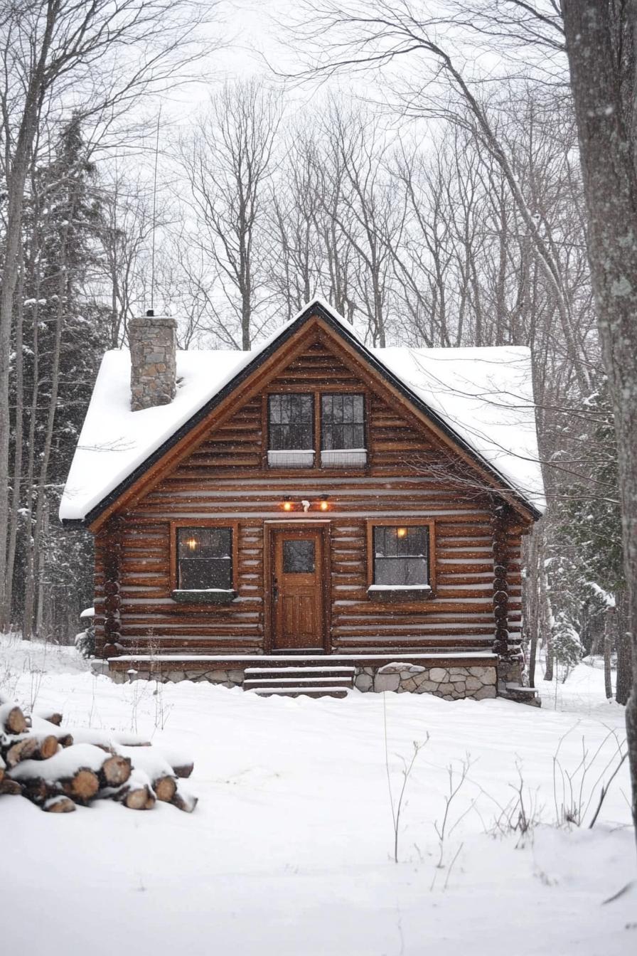 Charming log cabin nestled in a snowy forest