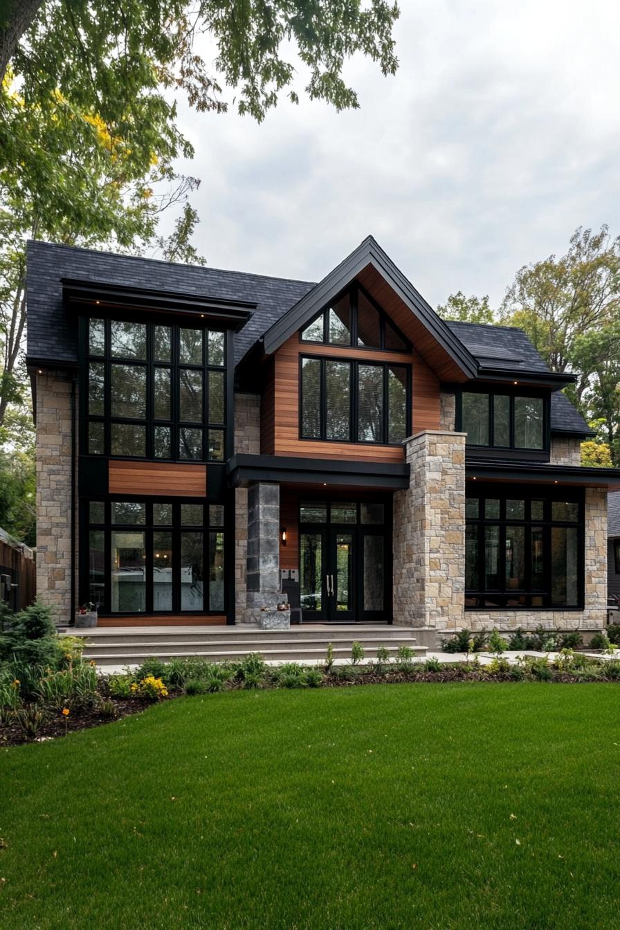 Modern house with large glass windows and lush green lawn