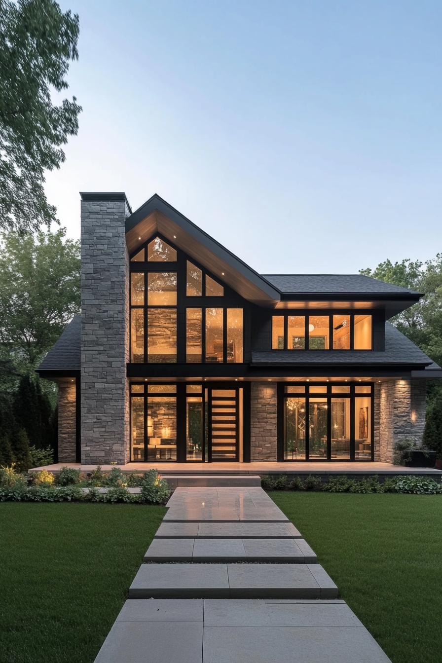 Modern house with large windows and stone elements glowing warmly