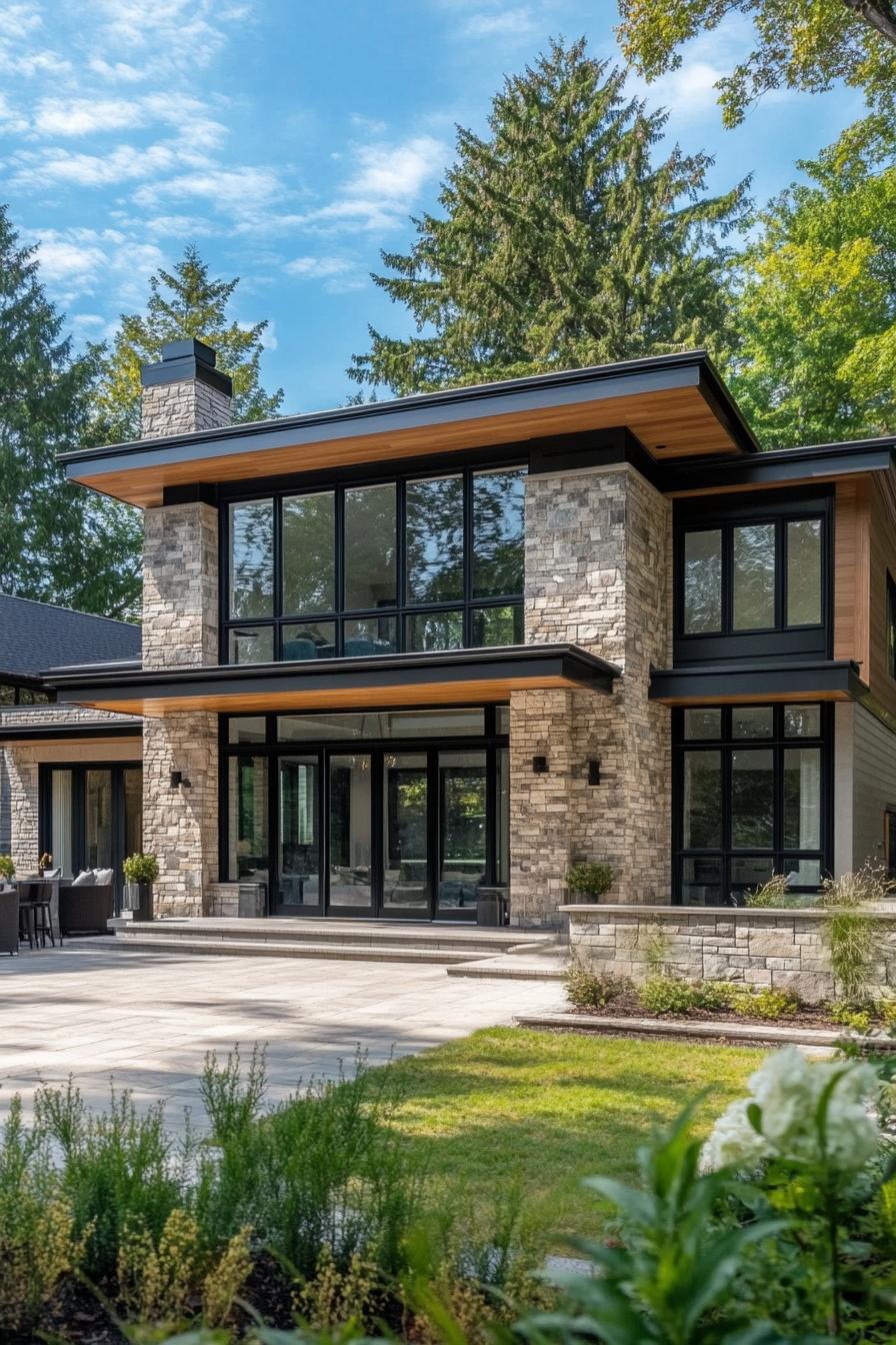 Modern home with stone facade and large windows