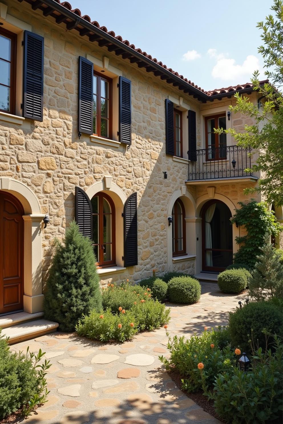 Stone villa with arched doors and black shutters