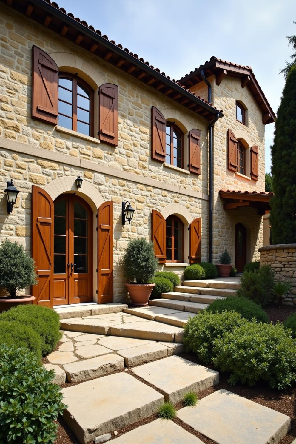 Rustic villa with arched windows and wooden shutters