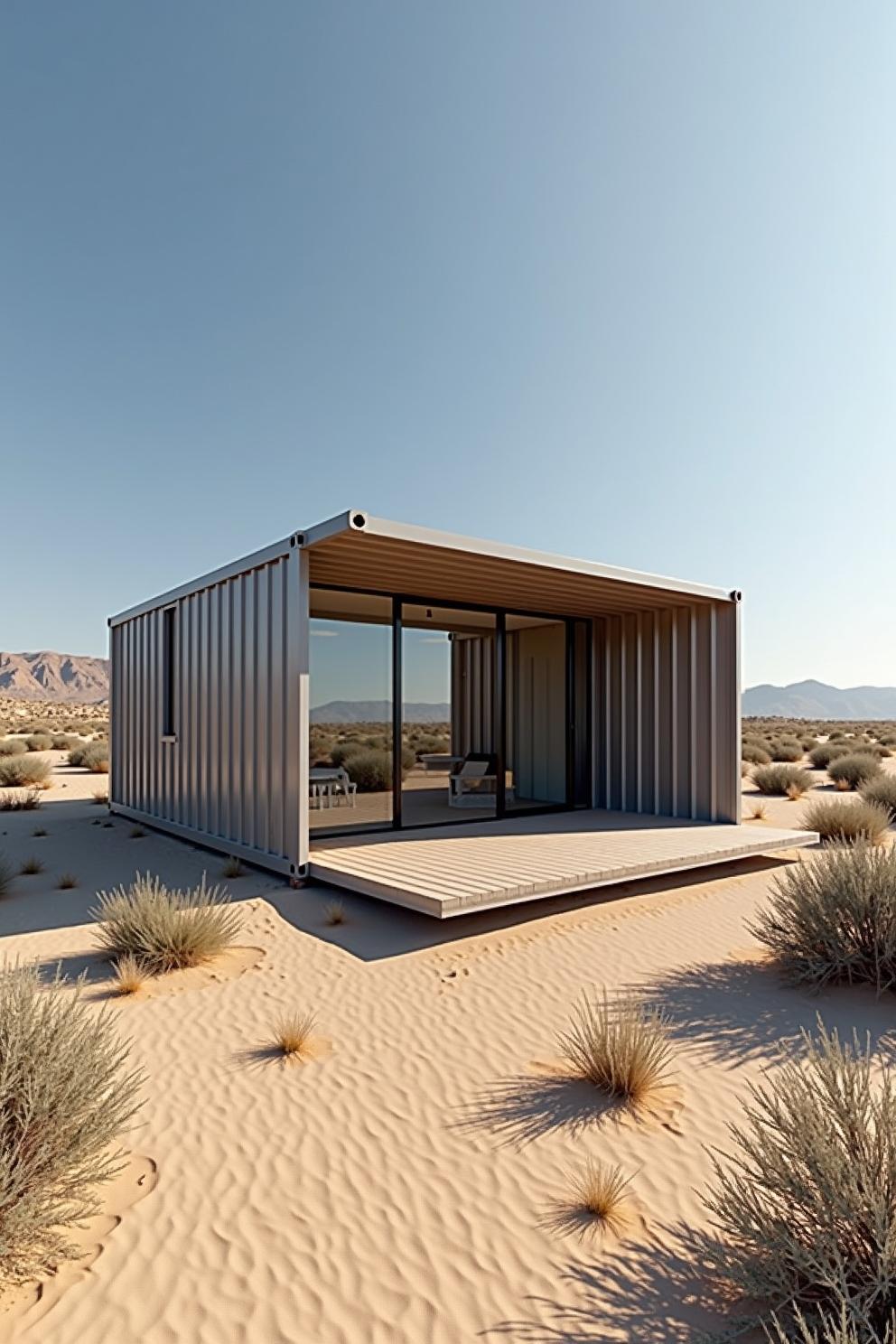 Compact metal container house in a sandy desert landscape