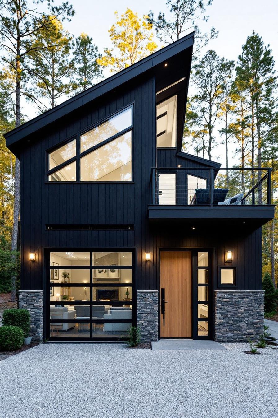 Black modern garage house with large windows and stone accents