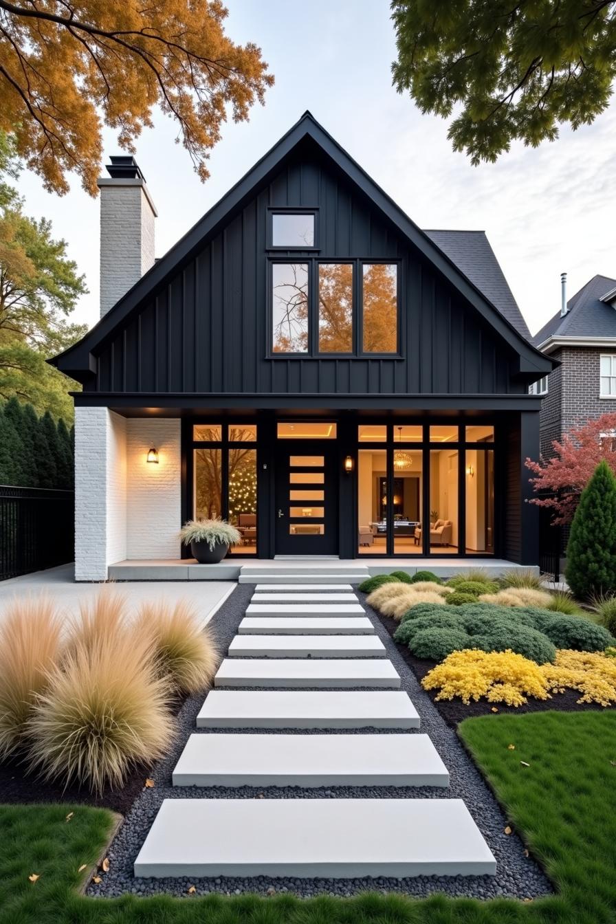 Sleek black house with modern details and vibrant landscaping