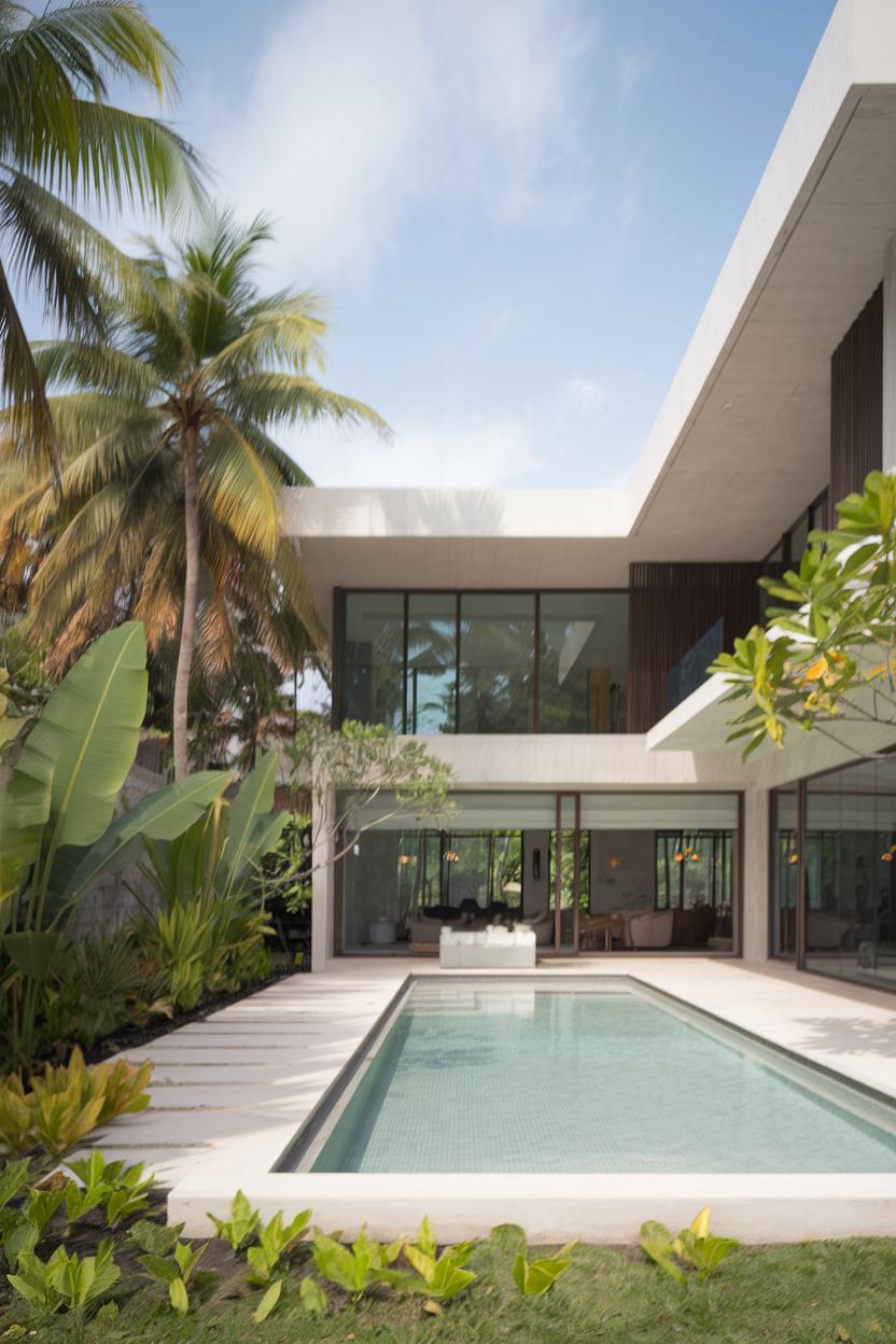 Modern villa with pool and lush greenery