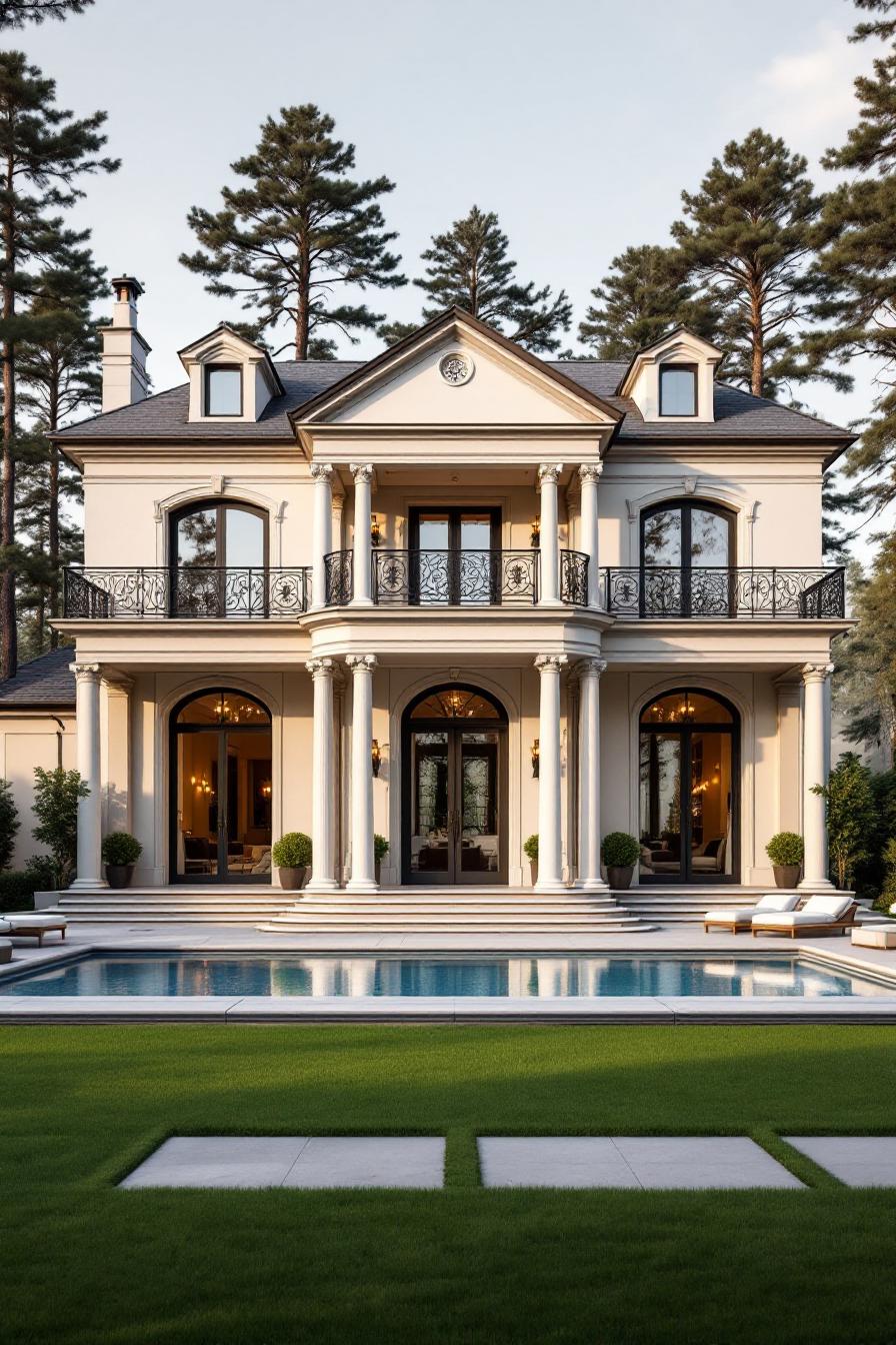 Luxurious two-story house with a pool and columns