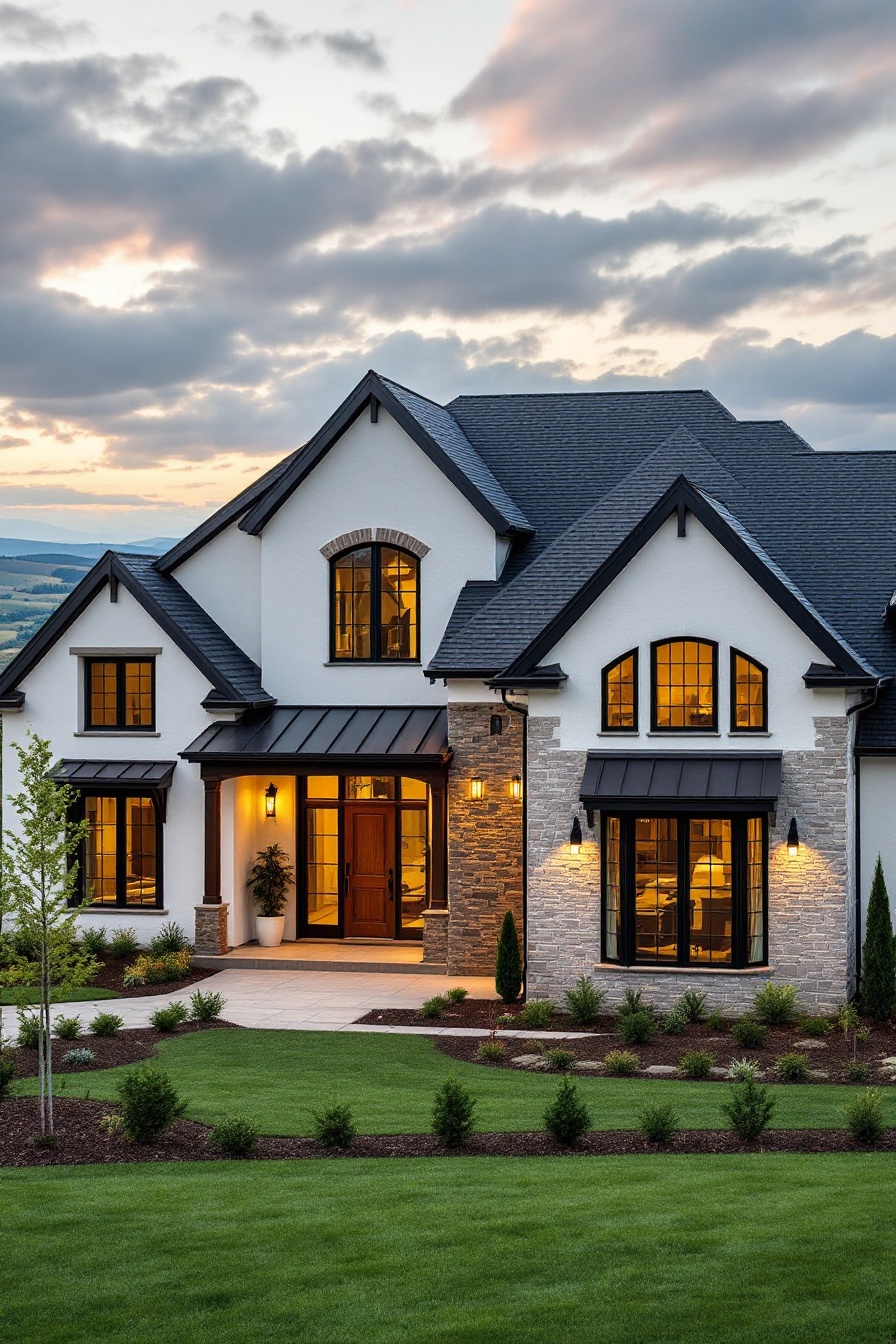 Brick and stone suburban house with gabled roof and manicured lawn