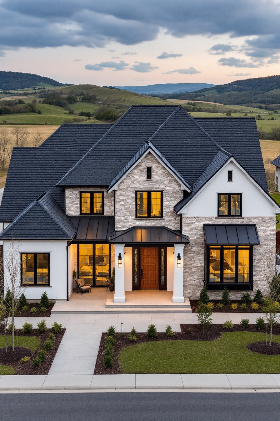 A grand suburban house with a modern farmhouse aesthetic features a mixed facade of white stucco and rustic stone. The architecture includes a