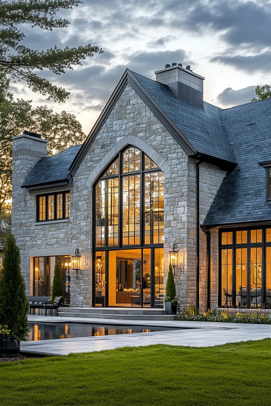 Grand stone house with large windows and a lush green lawn