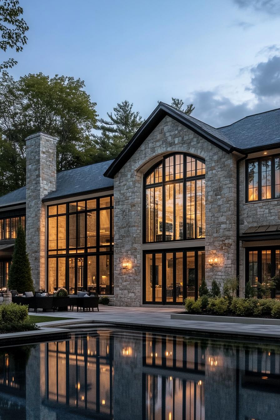 Luxury stone house with large windows and a reflecting pool