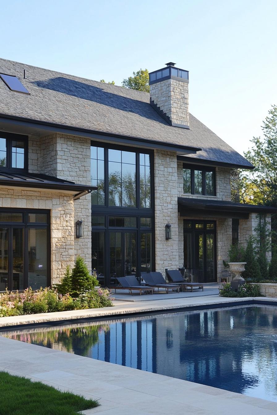 Luxury stone home with large windows and a pool