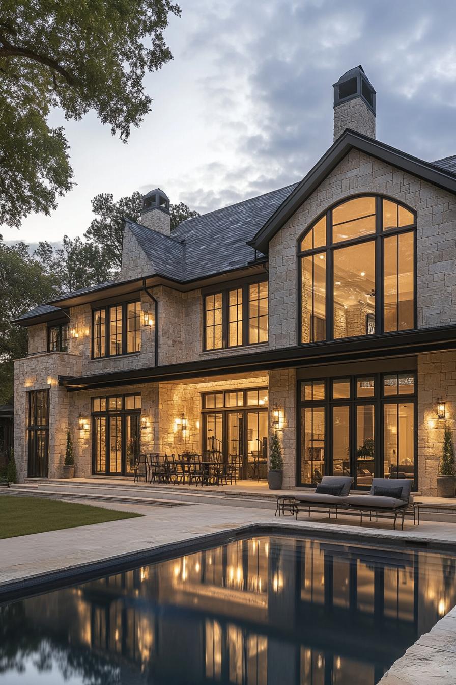 Two-story stone house with large windows and pool