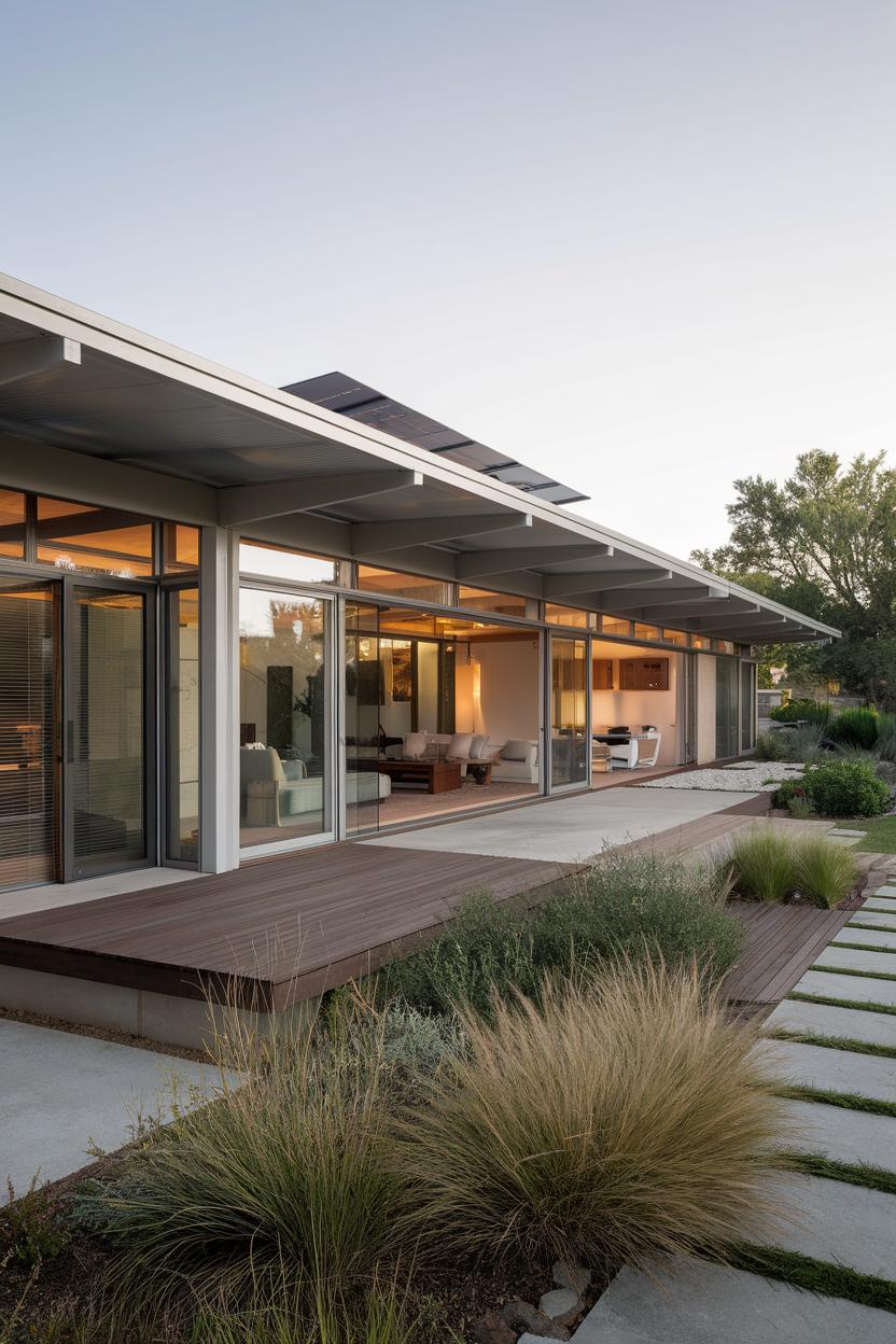 Mid-century modern house with glass walls and a sleek deck