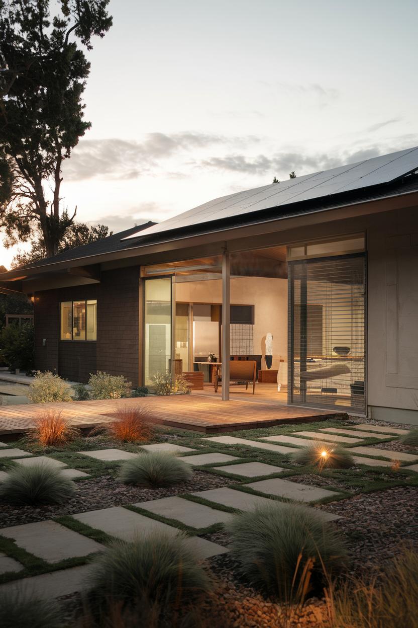 Mid-century ranch house with solar panels at sunset