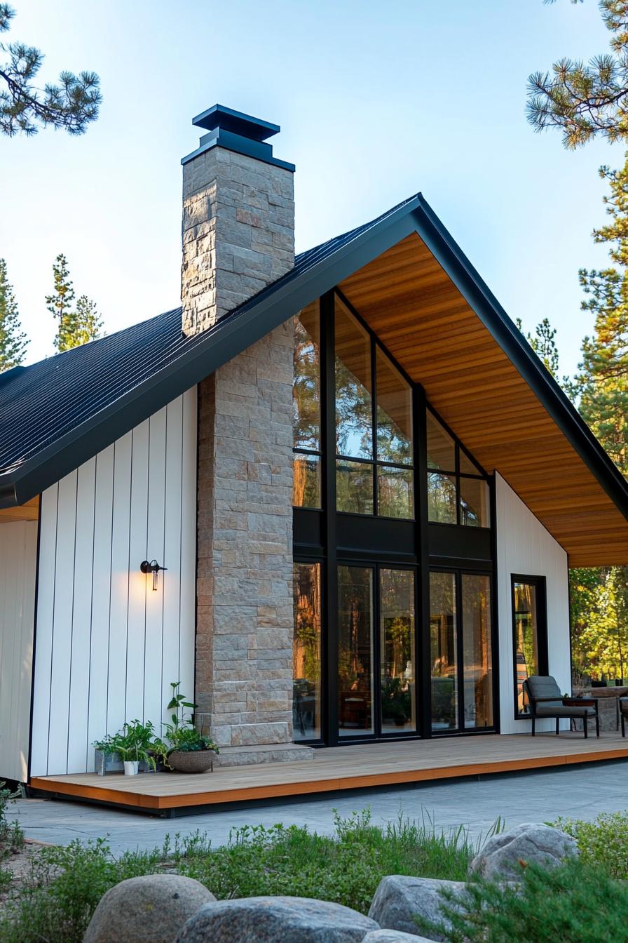 Cottage with large glass panels and stone chimney in a wooded area