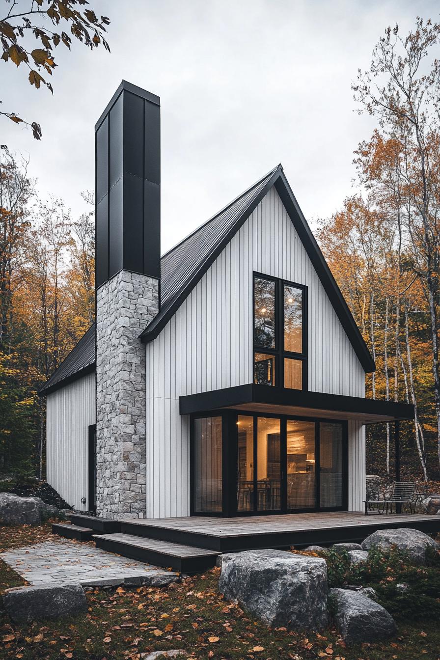 Contemporary white cottage with stone chimney