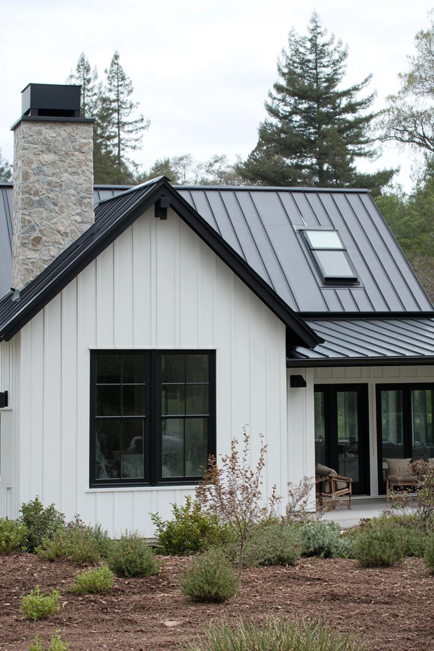 A sleek cottage with black metal roofing and white siding, surrounded by greenery