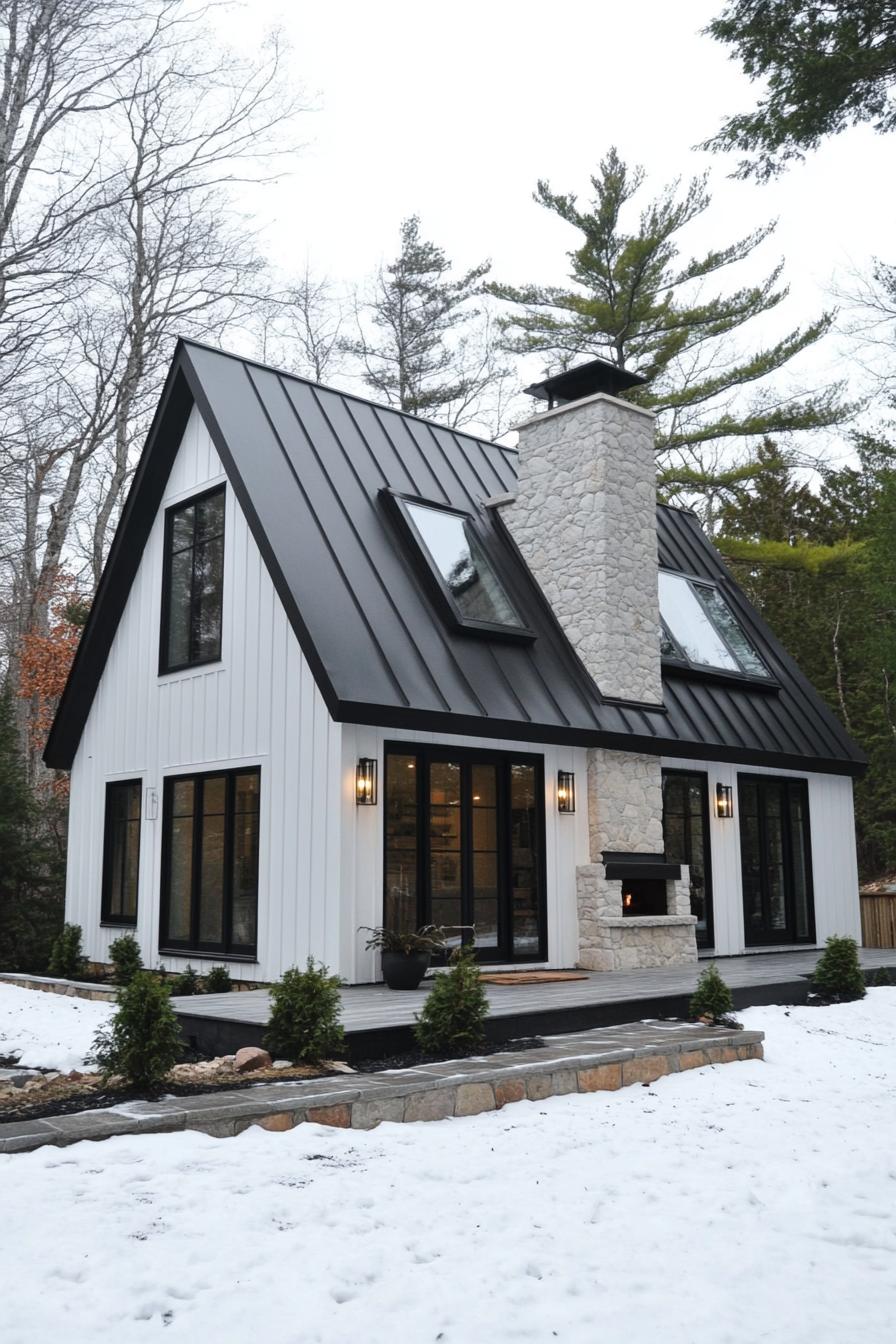 Modern A-frame cabin surrounded by snow with a stone chimney and large windows