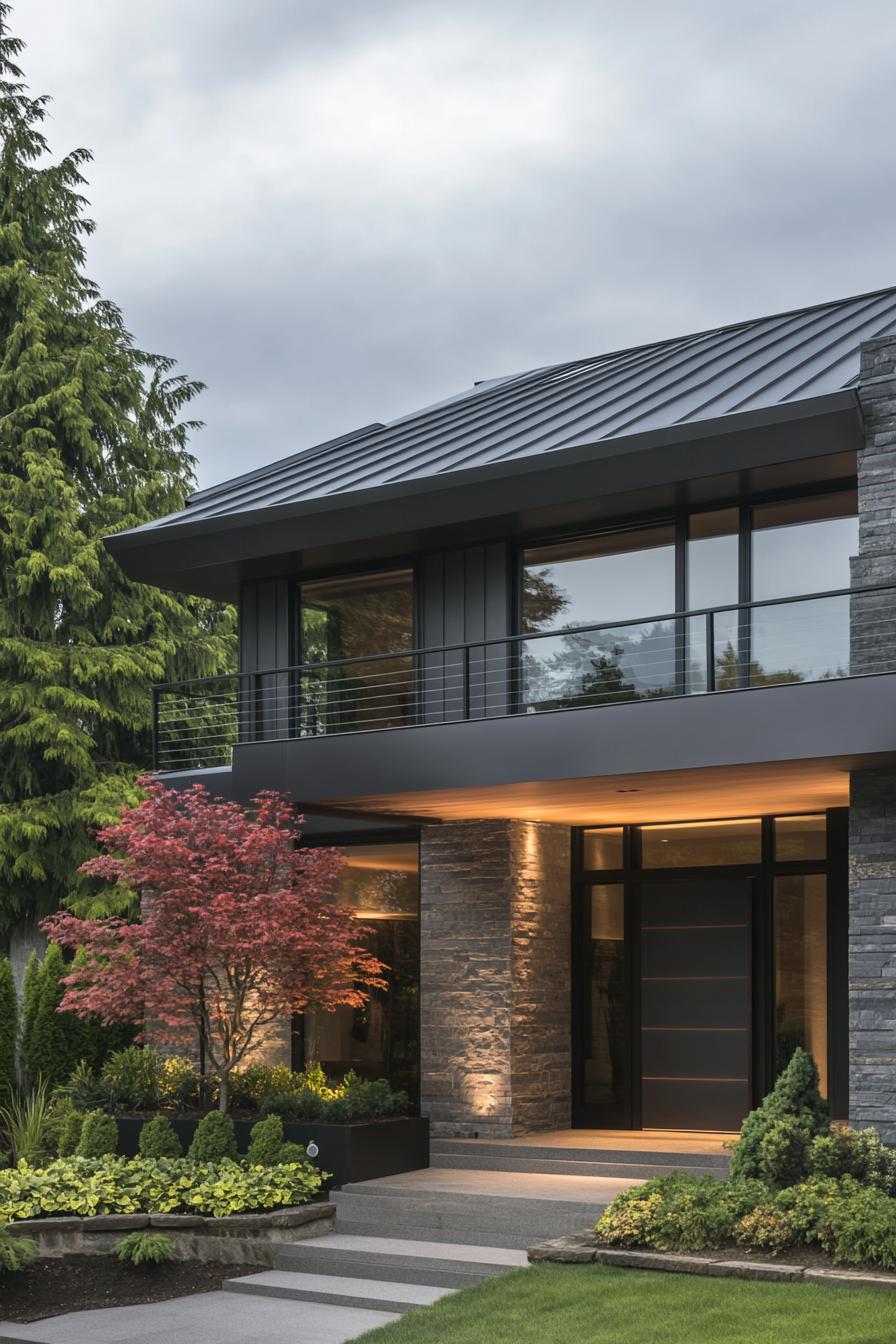 Modern two-story house with dark metal roof and vibrant garden