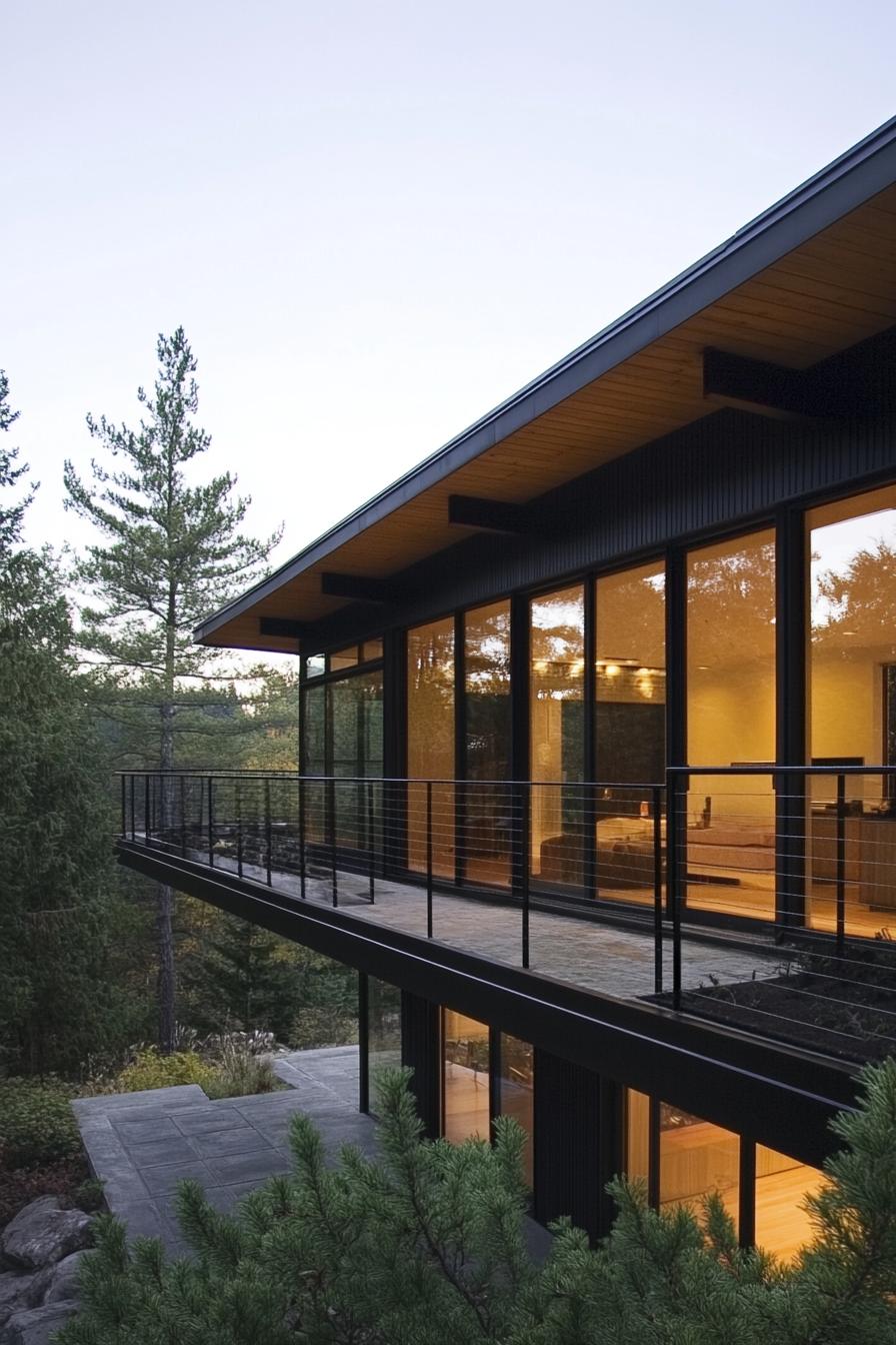 Modern house with glass walls and forest backdrop