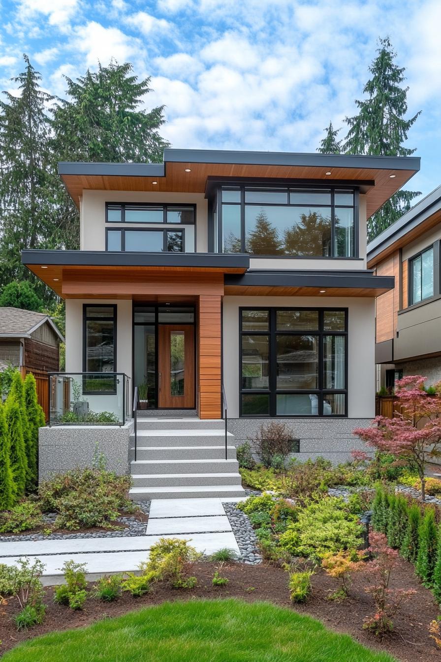 Modern two-story house with glass and wood facade