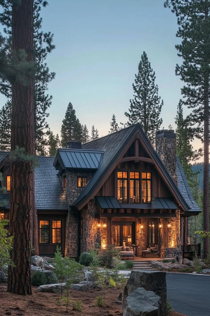 Rustic stone cabin nestled among tall trees at dusk