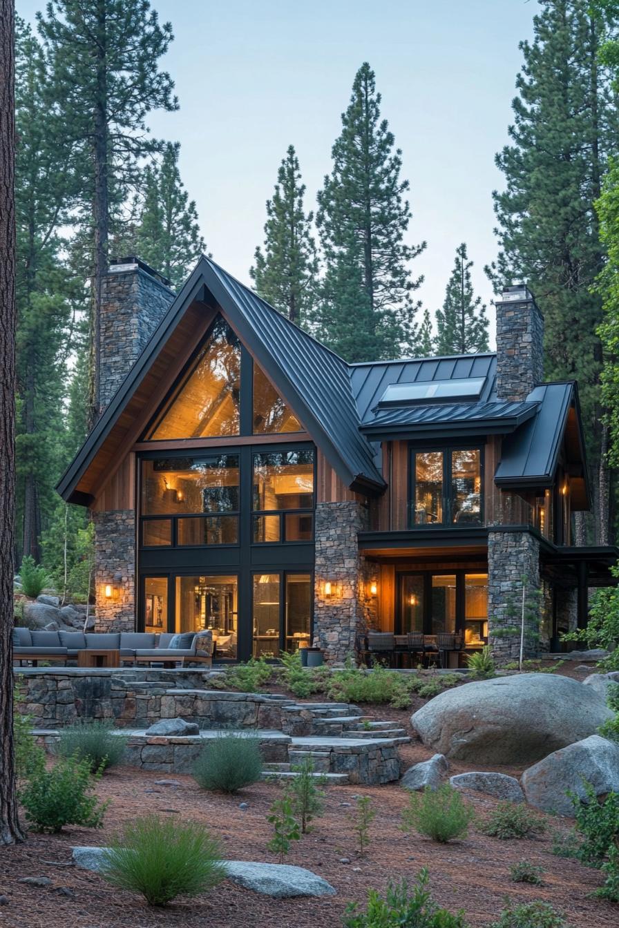 A-frame cabin nestled among tall pine trees