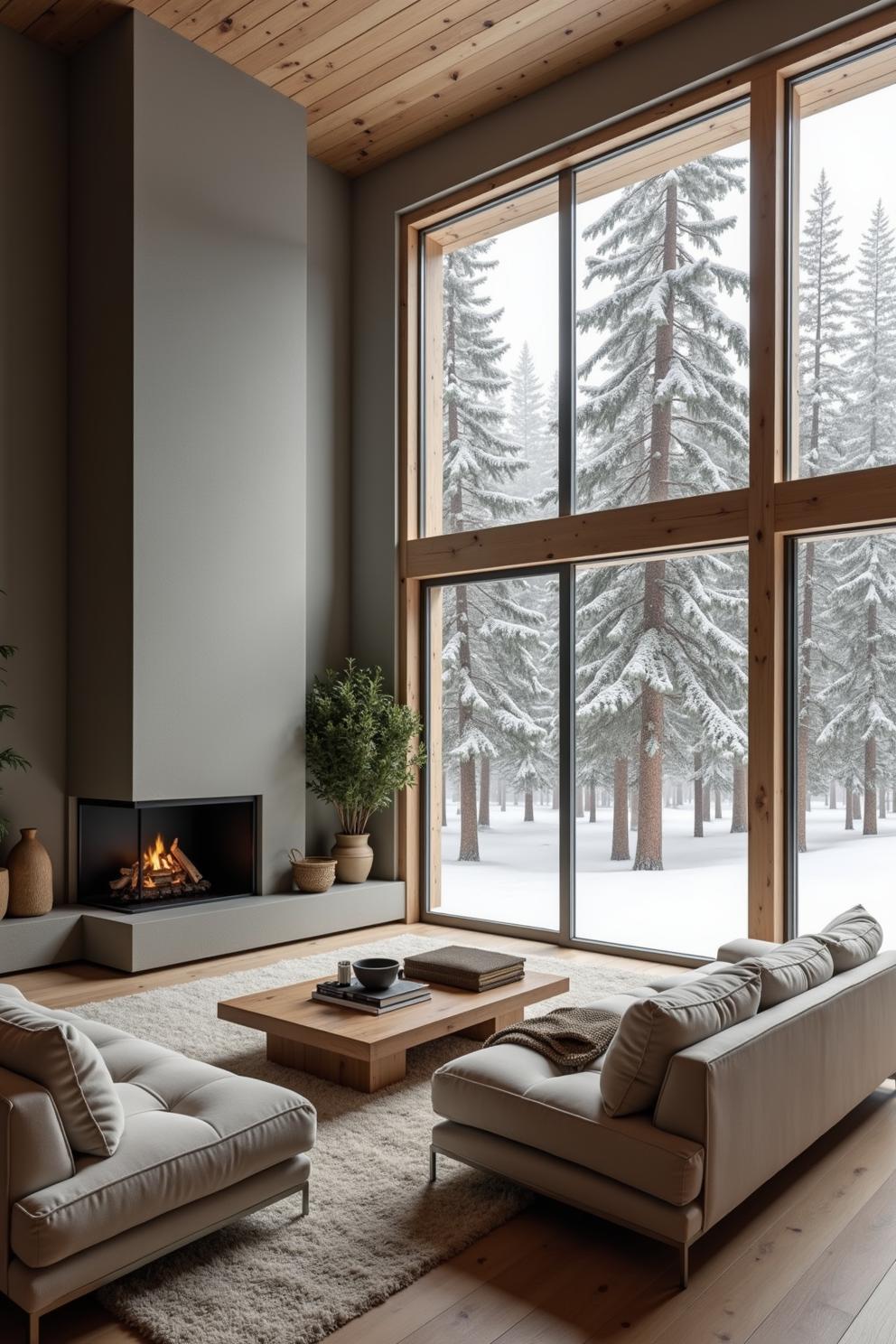 Modern cabin interior with large windows overlooking a snowy forest