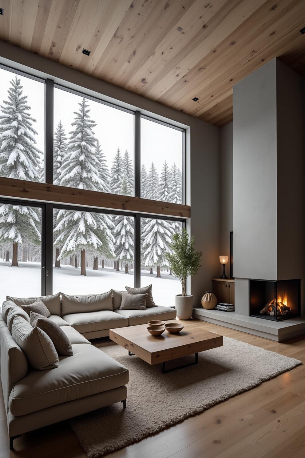 Modern cabin living room with large windows and a snowy forest view